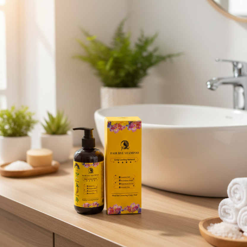 Floral hair dye shampoo by SS Smart Shop, showing vibrant floral-themed packaging and bottle for cosmetic hair color treatment.