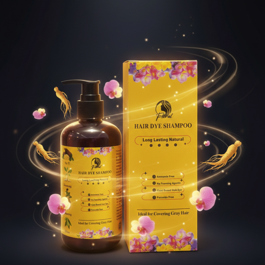 Floral hair dye shampoo from SS Smart Shop, showing vibrant floral pattern bottle for cosmetic hair color care.