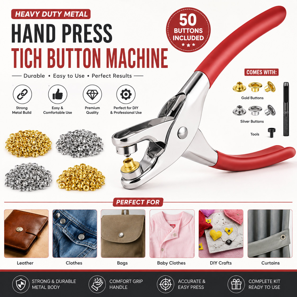 Metal Snap Button Press Machine with 50 Buttons