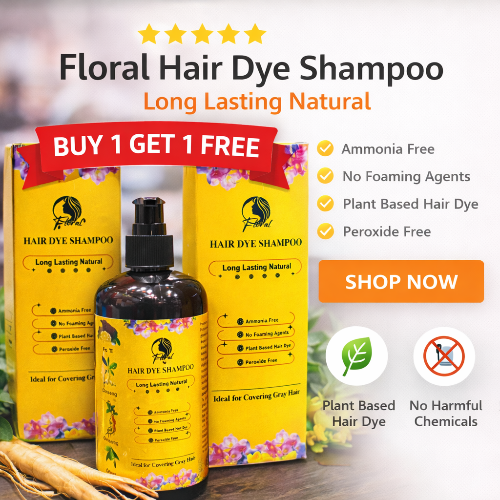 Botanical floral hair dye shampoo from SS Smart Shop, showing vibrant floral packaging and a bottle of colorful hair care product.